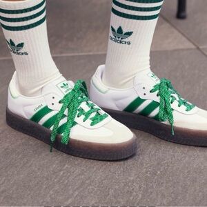 NWT Adidas White Sambae with Green Stripes/Gum bottom -size 7W